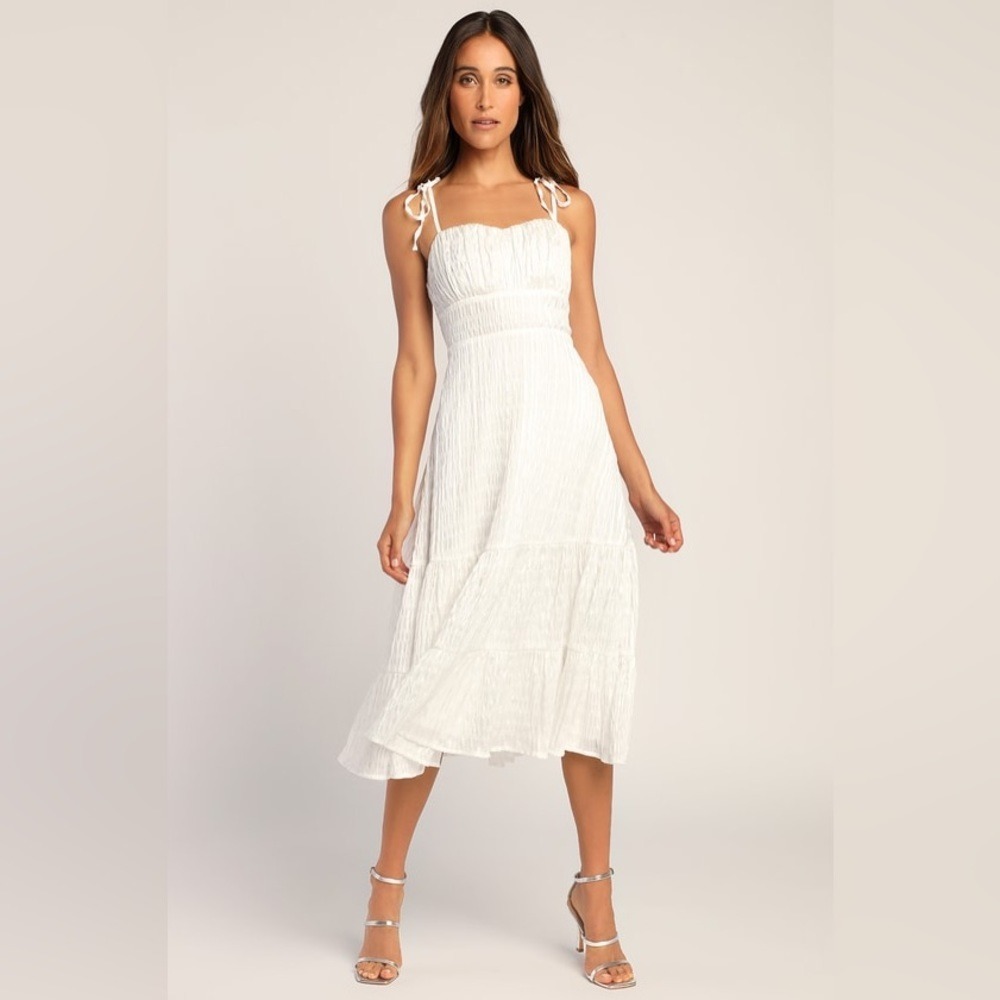 Lulus Womens White Textured Smocked‎ Tie-Strap Tiered Midi Dress Size S Cottage